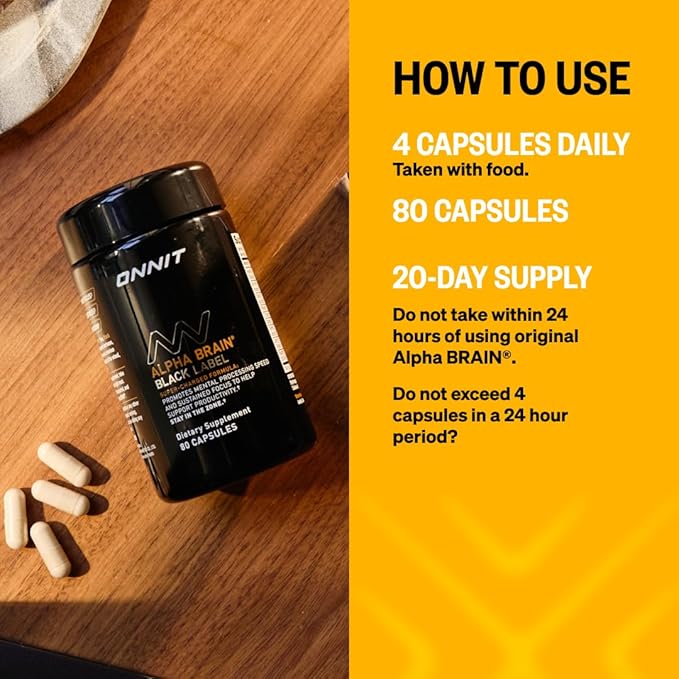 ONNIT Alpha Brain Black Label Capsules IGEN Non-GMO Tested Citicoline Brain Supplement for Concentration and Memory Lion’s Mane Lutemax Lutein L Theanine and Mucuna Pruriens 80 Count
