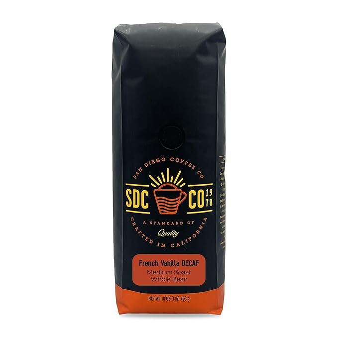 San Diego Coffee DECAF French Vanilla Medium Roast Whole Bean Coffee 16-Ounce Bag Café en grano tostado descafeinado