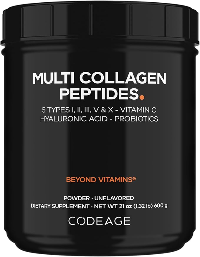 Codeage Multi Collagen Peptides + Probiotics Black Edition Vitamin C Hyaluronic Acid Powder Supplement Grass-Fed Pasture-Raised Hydrolyzed Zero Carbs Type I II III V &amp X Unflavored 21o