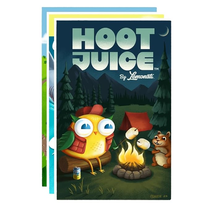 Hoot Juice Blueberry Lemonade 12 Pack + Hoot Juice 3 Pack of Prints