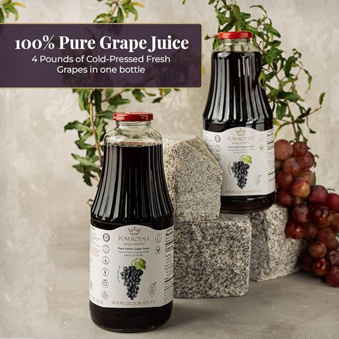 Pure Grape Juice 33.8oz Glass Bottle (Pack of 4) Cold Pressed Juice Not from Concentrate Non-GMO No Sugar Added Gluten Free Preservative Free