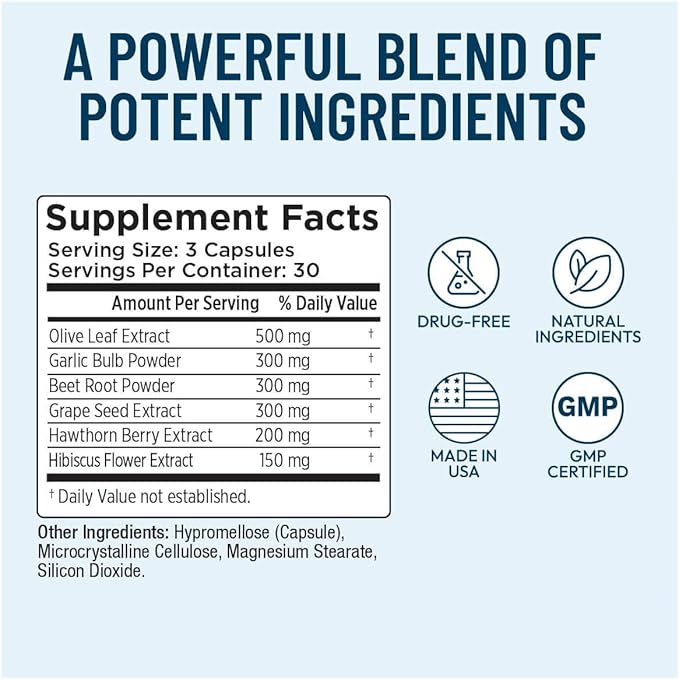 Blood Pressure Support - Vitamin Supplement for Healthy Heart &amp Blood Circulation - Beet Root Hawthorn Berry Garlic Hibiscus Olive Leaf &amp Grape Seed Extract - 90 Capsules