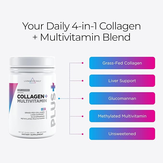 Livingood Daily Collagen Powder for Women &amp Men Unflavored Grass Fed Hydrolyzed Collagen Peptides Protein &amp Multivitamins for Healthy Hair Skin &amp Nails Keto &amp Paleo Gluten Free