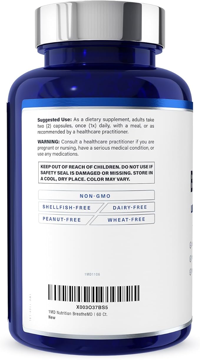 1MD Nutrition BreatheMD | Lung and Respiratory Support Supplement | Promotes a Healthy Immune System | with Elderberry Chromium and NAC | 60 Ct.