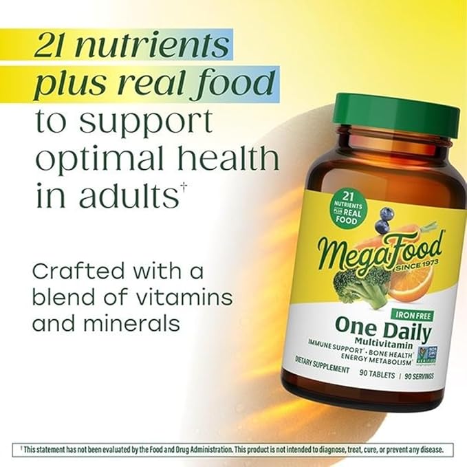 MegaFood One Daily Iron Free Multivitamin - Multivitamin for Women and Men - with Real Food - Immune Support Supplement - Bone Health - Energy Metabolism - Vegetarian Non-GMO No Iron - 60 Tablets
