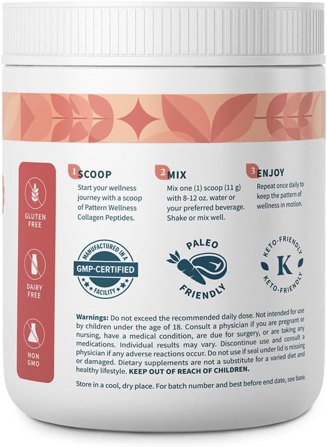 Pattern Wellness Collagen Peptides Powder (Type I &amp III) - Hair Nails Skin &amp Joint Support - Grass Fed &amp Pasture-Raised - Hydrolyzed Non-GMO Dairy Free &amp Keto-Friendly - Unflavore