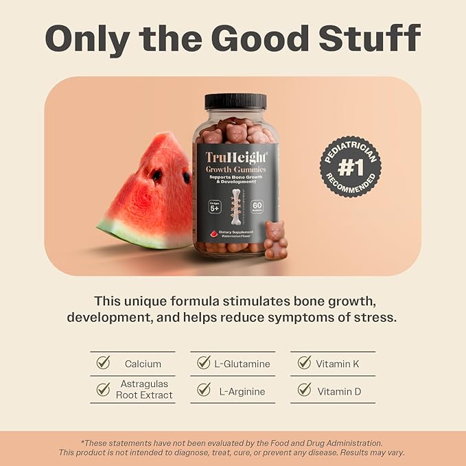 TruHeight Growth Gummies (Watermelon) Tall Nutrition for Natural Growth Supplement for Kids &amp Teens - Vitamin D K Calcium &amp Ashwagandha Bone Strength Vitamins D3 K2 Picky Eater Taller Age