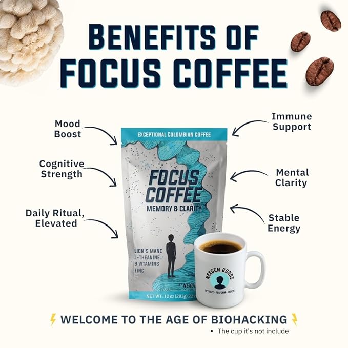 NexGen Goods Focus Coffee :Brain Boosting Nootropic Organic Mushroom Coffee with Lion’s Mane &amp Adaptogens – Premium Colombian Ground Coffee for Mental Clarity &amp All Day Energy Boost | 22 Servi