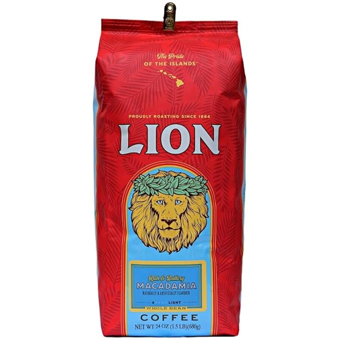 Lion Coffee Macadamia Flavor Light Roast - Whole Bean Coffee 24 Ounce Bag
