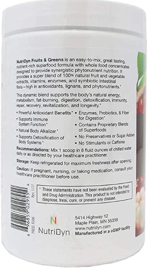 NutriDyn Fruits &amp Greens Berry Flavor *Certified Organic* w/ Acai Gogi Mangosteen Noni &amp Pomegranate Super Fruits 304.8 Grams (Berry)