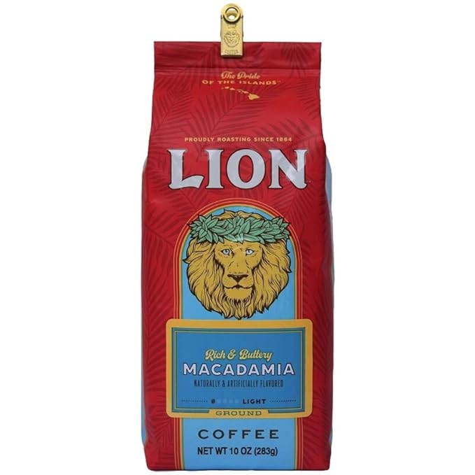 Lion Coffee Macadamia Nut Flavored Coffee (Ground Light Medium Roast International Blend 10oz Bag)