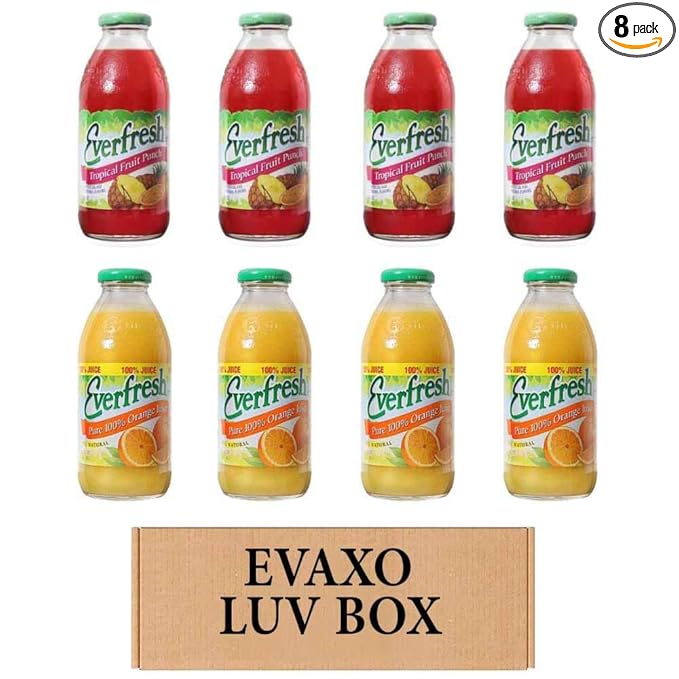 LUV BOX- variety Everfresh Juice 16 oz. pack of 8 Everfresh Tropical Fruit Punch Everfresh 100% Orange Juice. by evaxo