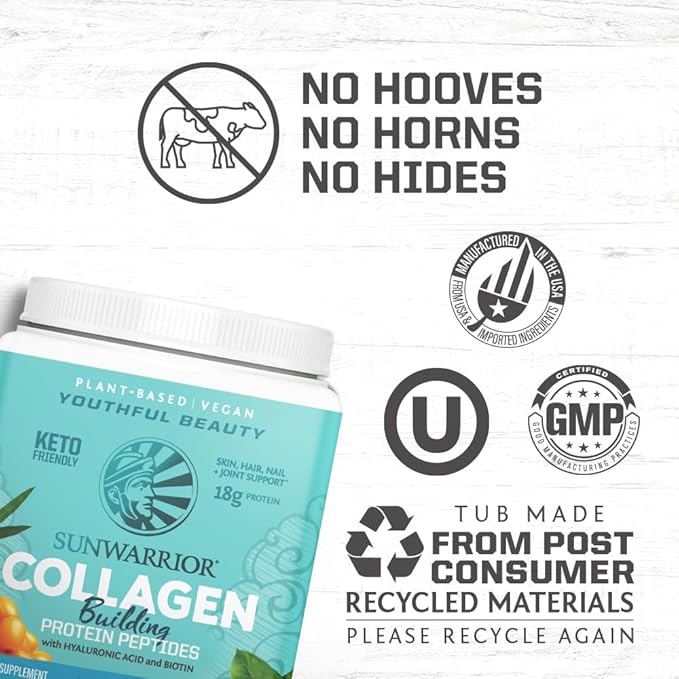 Vegan Collagen Building Powder Protein Peptide with Biotin Vitamin C Hyaluronic Acid Collagen Protein Powder for Hair Skin Nail Dairy Free Gluten Free | Unflavored by Sunwarrior