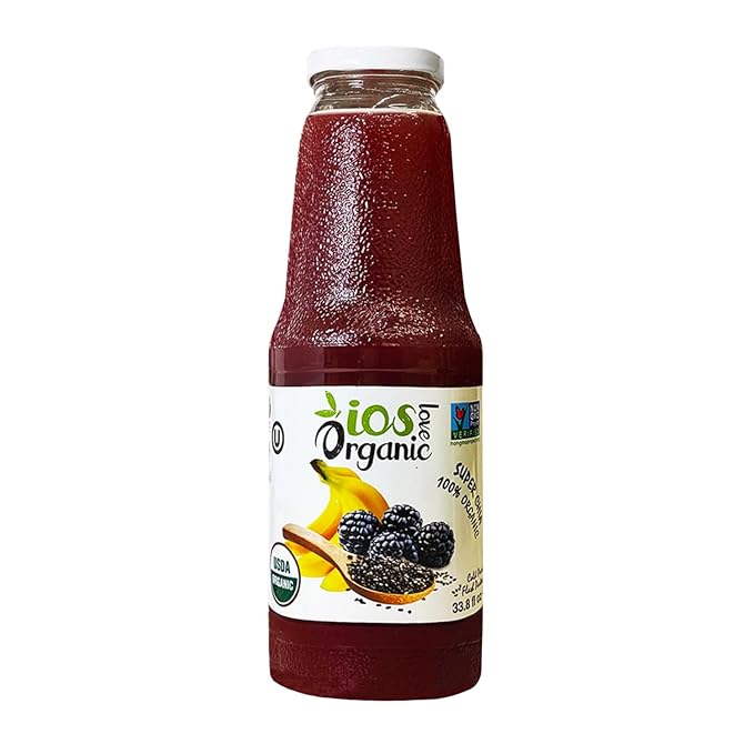 IOS Love Organic Juice - USDA Organic Certified - Cold Pressed No Added Sugar No Water No Artificial Colors No Preservatives No Flavors Added No Gluten - 33.8 Fl Oz (Super Chia Pack of 6)
