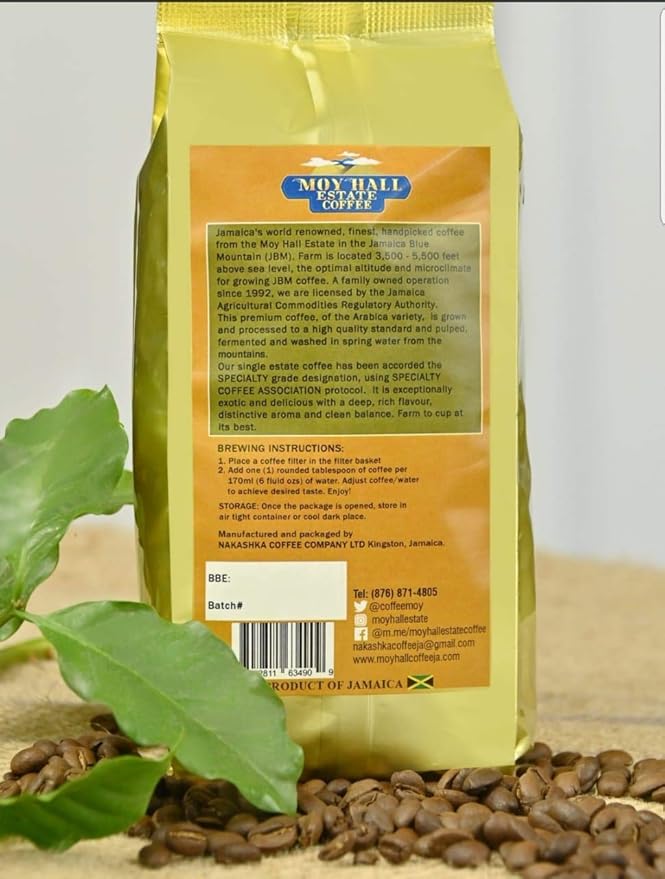 Moy Hall Estate - Authentic Jamaican Blue Mountain Coffee Family-Owned Small-Batch Roasted 100% Arabica Ground Coffee (16oz)