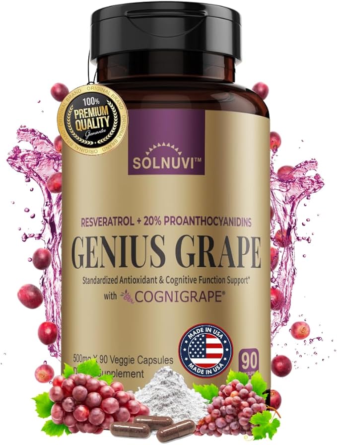 Resveratrol Complex Supplement 1500mg with Clinically Tested Cognigrape Red Grape Extract 20% Proanthocyanidins - Antioxidant &amp Brain Health Support - 90 Veggie Capsules Non-GMO Gluten-Free Veg