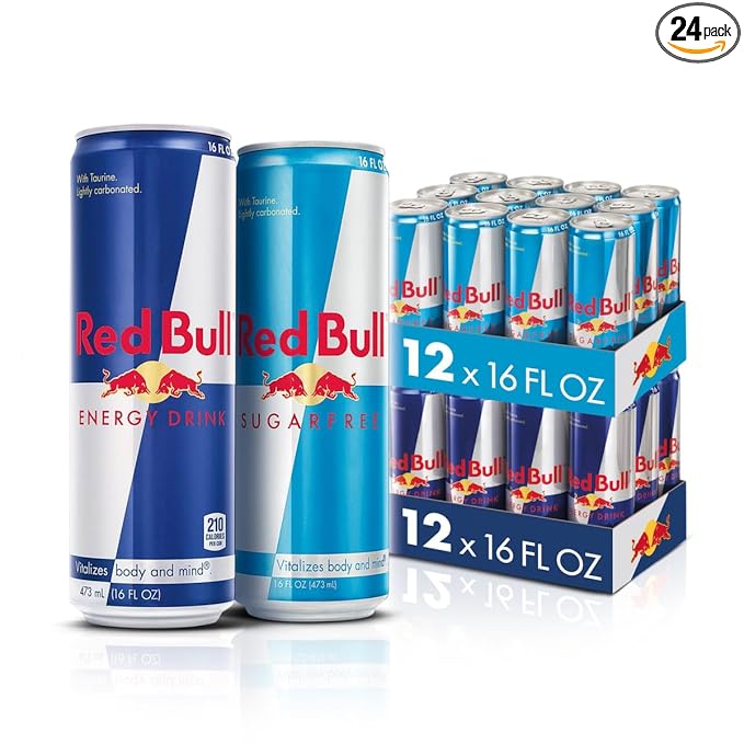 Red Bull Energy Drink Variety Pack 16 Fl Oz Cans Pack of 24 (12 Cans Each of Red Bull Energy Drink and Red Bull Sugar Free Energy Drink)