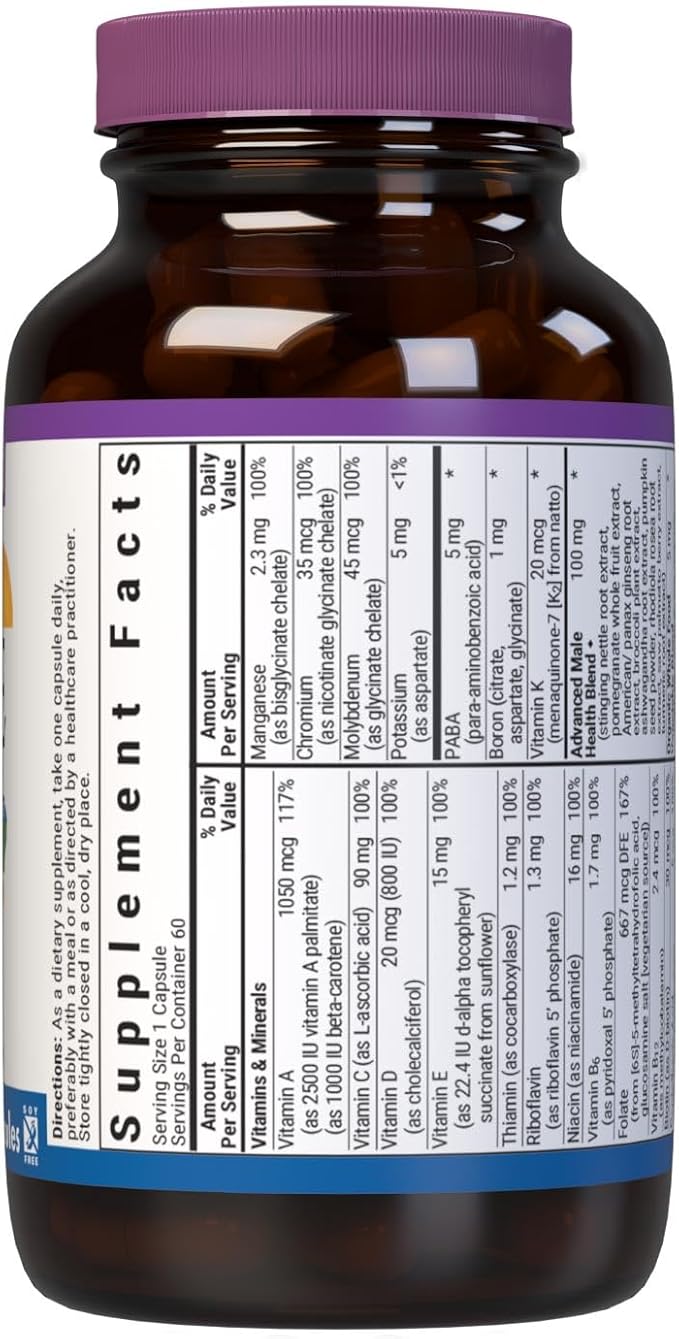 Bluebonnet Nutrition Men’s One Vegetable Capsule Whole Food Multiple K2 Organic Energy Vitality Non-GMO Gluten Soy &amp Milk Free Kosher 3 Month Supply 90 Count