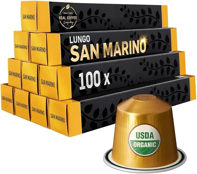 ‘San Marino’ Organic Italian Lungo for Nespresso | 100 Organic Aluminum Capsules | Eco-Friendly Medium Roast | 100% Nespresso Compatible Pods | Fairtrade