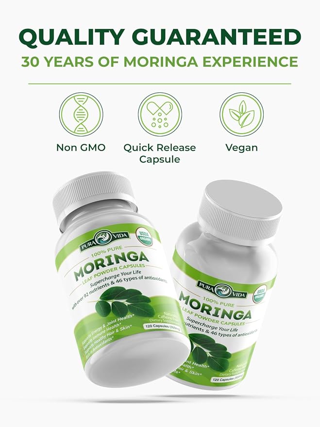 PURA VIDA MORINGA Organic Moringa Capsules Pure Moringa Leaf Powder Single Origin for Energy Metabolism &amp Immune Support 120ct 500mg Caps