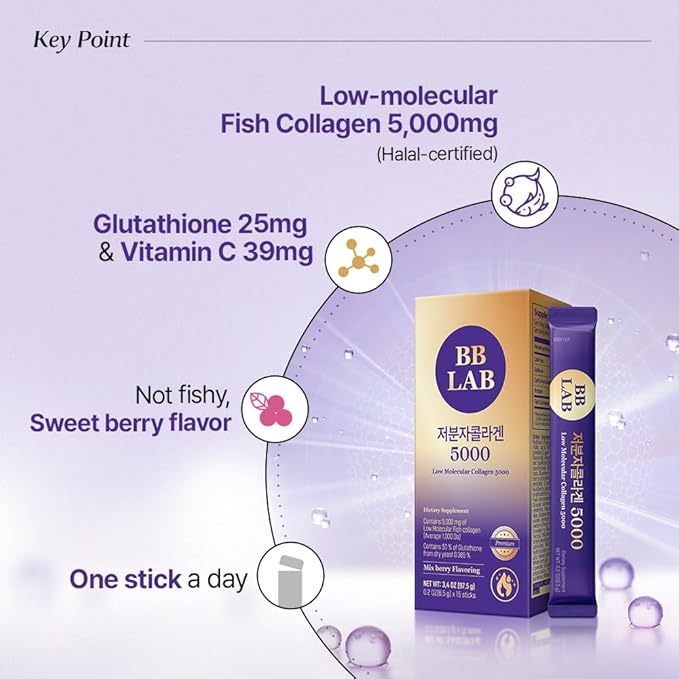 BB LAB [Korean Pick Collagen] Low Molecular Collagen 5000 Glutathione Max Powder Stick Halal Certified Korean Marine Collagen Fish Collagen Vitamin C Glutathione Biotin Plus