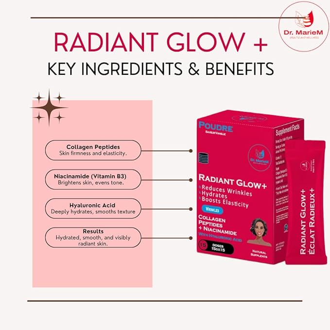 Radiant Glow+ Anti-Aging Powder Supplement – 3.3g Collagen Peptides + 333mg 20mg Niacinamide with HA – Reduces Wrinkles Hydrates &amp Boosts Elasticity – Vanilla Flavor – 15 g/Stick