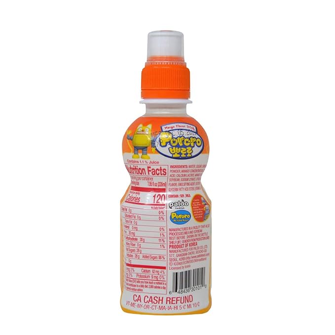 Paldo Fun &amp Yum Pororo Kids Mango Flavor Drink Pack of 8 Fruit Juice Drinks with Comfortable Push-Pull Sports Cap Perfect Drink for Children 7.95 fl oz. x 8