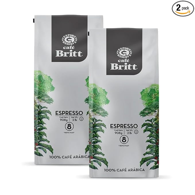 Café Britt® - Costa Rican Espresso Coffee (2 Lbs Each) (2-Pack) (4 Lbs Total) - Whole Bean Arabica Coffee Kosher Gluten Free 100% Gourmet &amp Dark Roast (1 Year Shelf-Life)