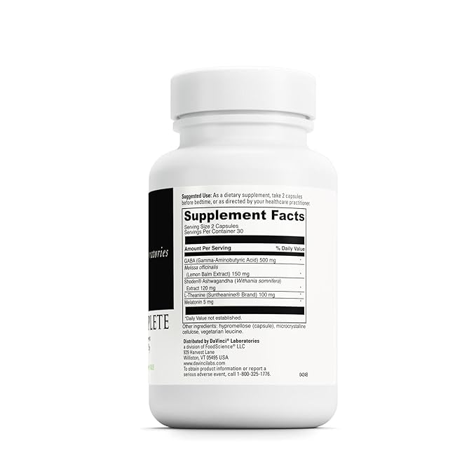 DAVINCI Labs Sleep Complete - Dietary Supplement to Support Healthy Sleeping Habits Relaxation and Sleep* - with Melatonin Lemon Ashwagandha and L-Theanine - Gluten-Free - 60 Vegetarian Capsules