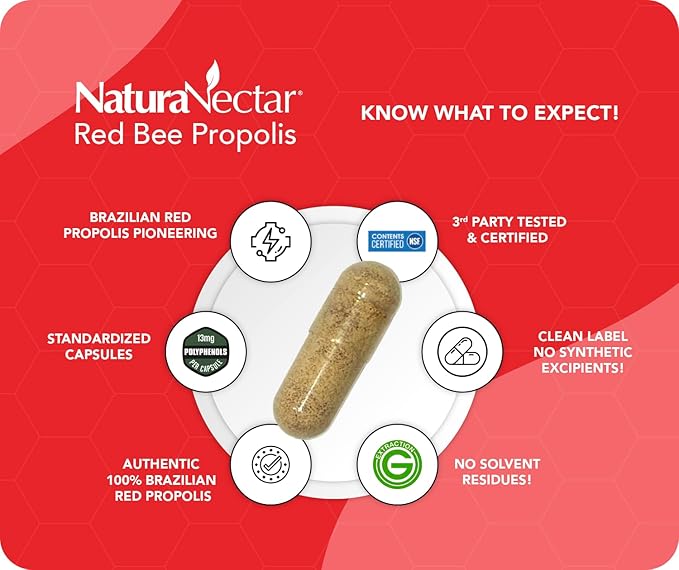 NaturaNectar - Red Bee Propolis Capsules - NSF Contents Certified Premium Brazilian Propolis - Gluten-Free Supplements with More Diverse Flavonoids &amp PWE - Sourced Through Ethical Beekeeping (60pc
