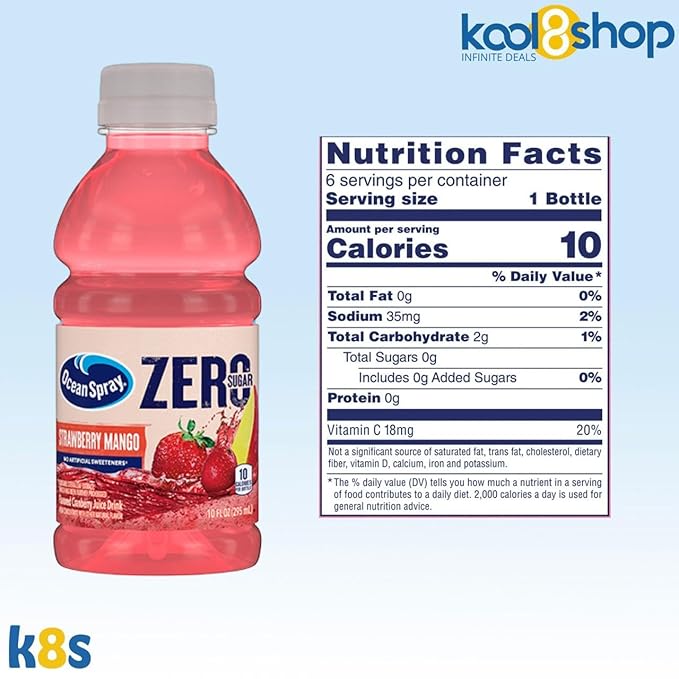 Ocean Spray Zero Strawberry Mango Sugar Fruit Juice 10 fl oz 24 Pack + 2 Reusable Snack Bags by KOOL8SHOP Infinite Deals