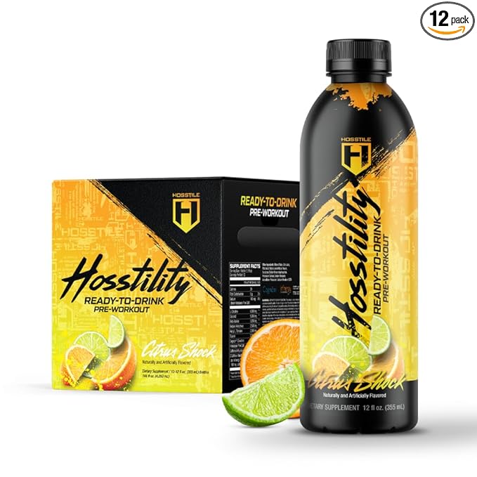 HOSSTILE Hosstility RTD Pre-Workout – Ready to Drink Pre Workout for Energy Focus Pump &amp Hydration All-in-One Formula for Performance Citrus Shock 12 Servings