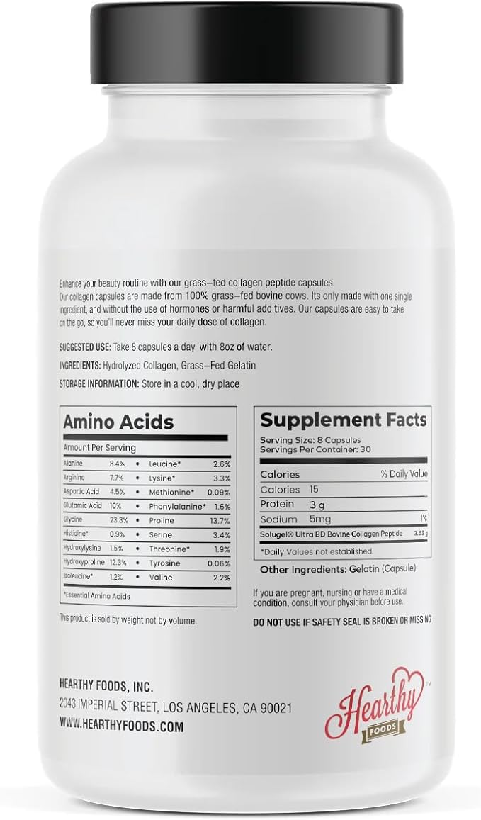 HEARTHY FOODS Collagen Pills Supplement (Type I III) 240 Collagen Capsules Healthy Hair Skin Nails Joints - Dairy and Gluten Free Collagen Supplement - 3.6 Grams Protein Per Serving
