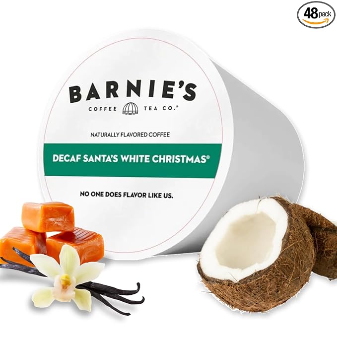 Barnie's Coffee Santa's White Christmas Decaf Single Serve Coffee Pods with Coconut Vanilla and Caramel Flavors Medium Roast Arabica Coffee Beans Compatible with Keurig Brewers 48 Count