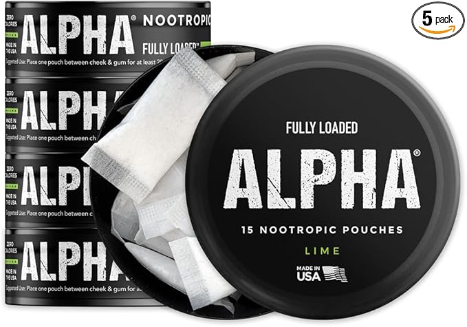 Fully Loaded Alpha Nootropic Pouches (Lime) - 5 Cans - 15 Pouches per can - Effective Nootropic Delivery Nic Pouch Replacement - Faster Absorption Alpha GPC L-Tyrosine GABA