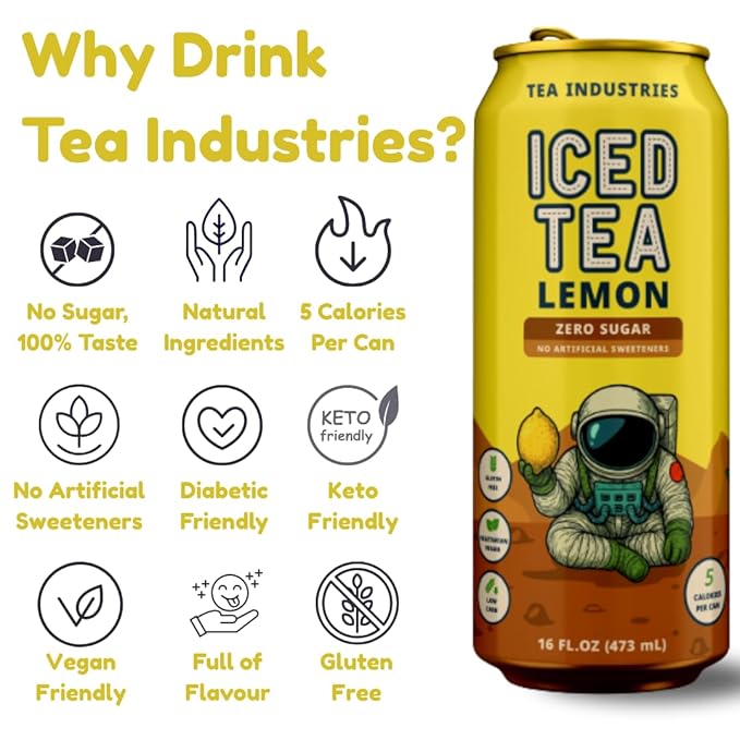Tea Industries Black Tea with Lemon Iced Tea – Sugar Free Low Calorie Citrus Flavor Electrolyte Drink for Hydration 16oz Cans (12-Pack)