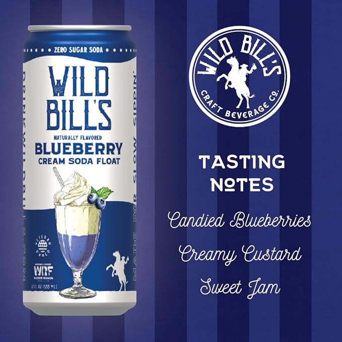 Blueberry - Wild Bill's Zero Sugar Cream Soda Zero Artificial Colors Flavors or Preservatives Naturally Sweetened (Individual 12oz Cans12-Pack)