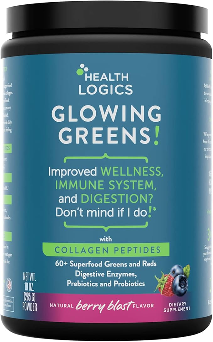 Health Logics Glowing Greens Superfood Powder with Collagen Peptides Digestive Enzymes Prebiotics and Probiotics – Antioxidant Improve Wellness Immune Digestive and Gut Health Support