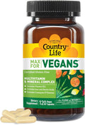 Country Life Max for Vegans - 120 Vegan Capsules - Daily Multivitamins - Immune Support Supplement - Contains Vitamin B12 Iron Amino Acids Coenzyme B Vitamins - Gluten-Free