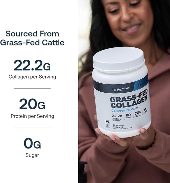 Transparent Labs Grass-Fed Collagen Peptides Powder - Collagen Powder for Women &amp Men 22G Bovine Hydrolyzed Collagen Peptides Powder for Skin Hair Joint &amp Muscle Recovery - Unflavored 30 S
