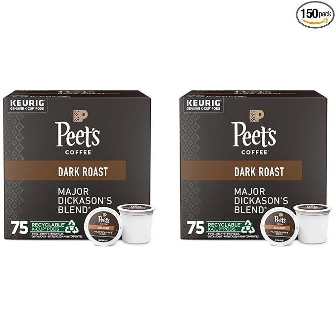 Peet's Coffee Dark Roast Keurig K-Cup Pods - Major Dickason's Blend 150 Count (2 Boxes of 75 Pods)