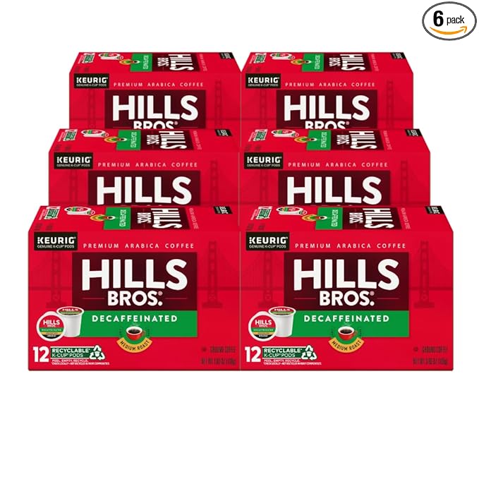 Hills Bros. Decaf Blend Keurig K-Cup Pods for Keurig Brewers – Medium Roast Premium Arabica Blend Kosher – 6 Packs of 12 Single Serve Pods