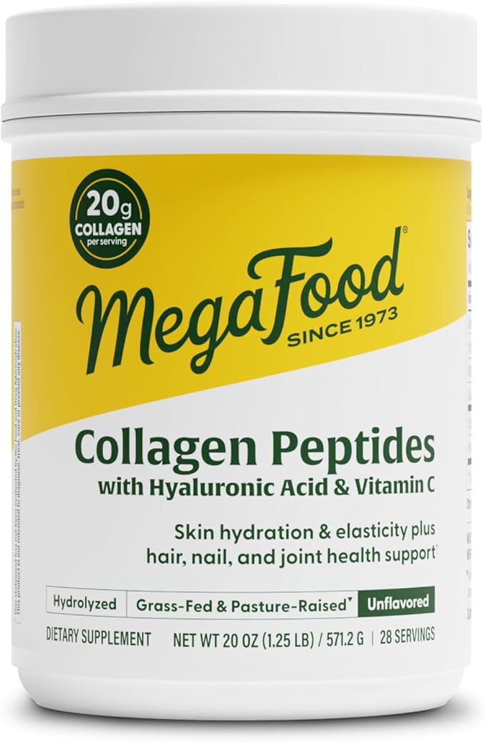 MegaFood Collagen Peptides for Women &amp Men - Unflavored Collagen Powder with Hyaluronic Acid &amp Vitamin C - Supports Skin Hair Nails &amp Joint Health - 20g Grass Fed Bovine Collagen - 20oz 2