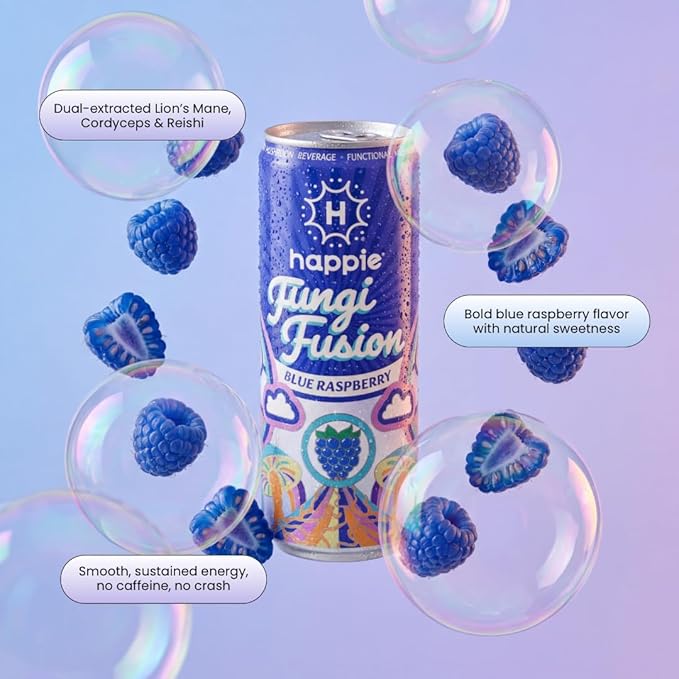 Happie Fungi Fusion Blue Raspberry – Sparkling Adaptogen Drink with Lion’s Mane Cordyceps &amp Red Reishi – Plant-Based Nootropic 40 Calorie Agave Nectar Vegan Wellness Soda Alternative