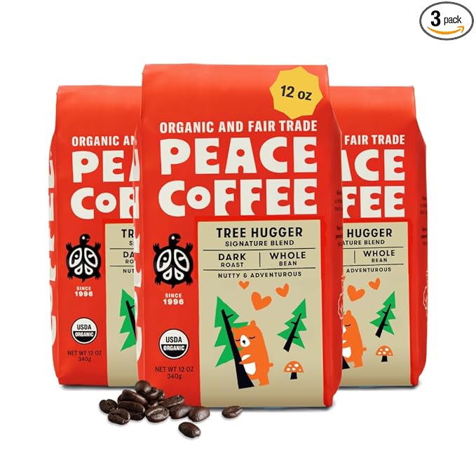 Peace Coffee Tree Hugger Signature Blend Dark Roast Whole Bean Coffee 12 oz Pack of 3 Organic Fair Trade Nutty Smooth Flavor Shade Grown Fresh Roasted
