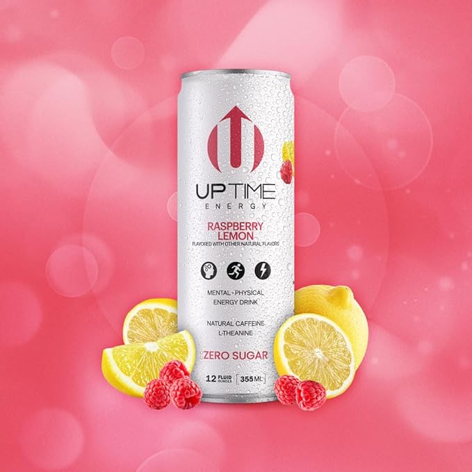 UPTIME Energy Drink Raspberry Lemon Sparkling 12 Pack Vitamin C L Theanine Calcium Sugar Free Energy Drinks for Focus Support 142mg of Natural Caffeine 5 Calories Natural 12 fl oz Cans