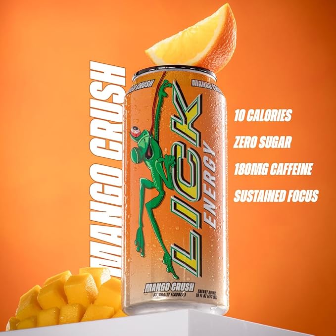 LICK Energy Drink - Zero Sugar No Crash Green Tea Caffeine (180mg) with Antioxidants and Vitamins A B6 B12 and C 16oz (12pk) - Mango Crush