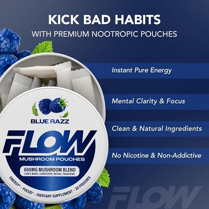 Mushroom Nootropic Pouches - 600mg Organic Mushroom Energy Ultra Pouches with Lion's Mane Reishi Cordyceps for Focus &amp Clean Energy - Zero Caffeine or Sugar (5 Can Pack Blue Razz)