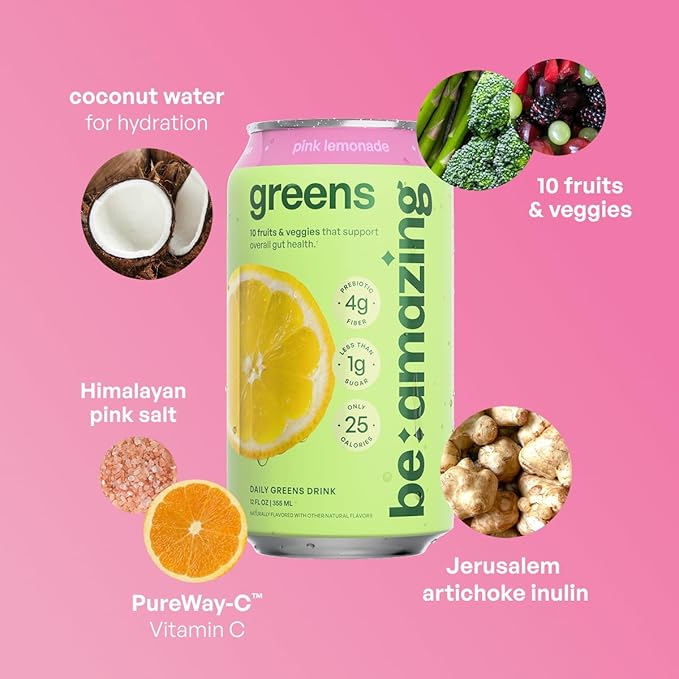 Be Amazing Greens Drink Pink Lemonade Vitamin Drinks With 10 Organic Fruits and Vegetables Coconut Water Vitamin C and Prebiotic Fiber 25 Calories Low Sugar Vegan and Gluten Free 8 Pack