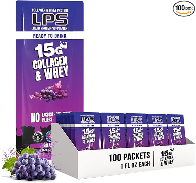 Nutritional Designs LPS Liquid Collagen &amp Whey Protein Supplement - Non-GMO Drink Sugar-Free - Promotes Healthy Skin &amp Hair for Men &amp Women Grape Single Serve (100 Packets)